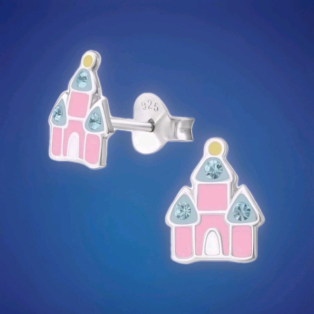 Sterling Silver 925 Pink Princess Castle Stud Earrings Brilliance